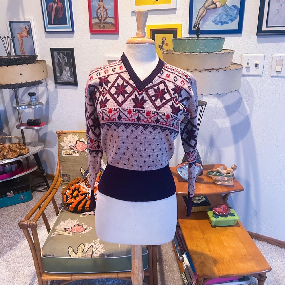 Vintage 1940s Sweater | Novelty Snowflake | Multi | Wool | S M | 40s | Fair Isle